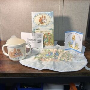 VTG Peter Rabbit New in the Box Vinyl Bib Two-Handled Plastic Sippy Cup Set Eden